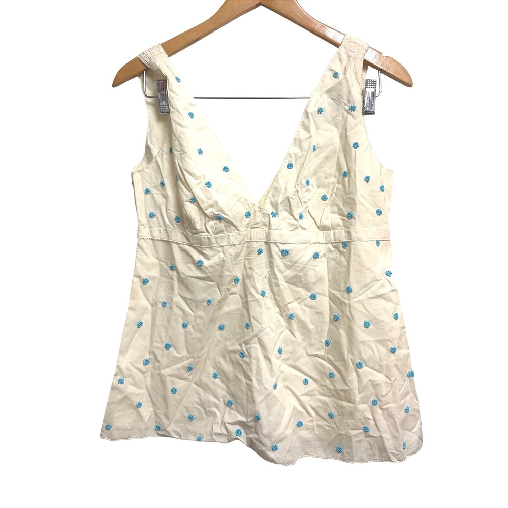 J.Crew‎ Ivory Beaded Floral V-Neck Sleeveless Cotton Blouse 8